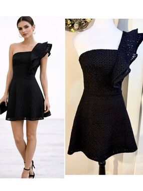 SHILLA The Label One Shoulder Ruffle Lace Mini Dress Black Fit Flare XS💛